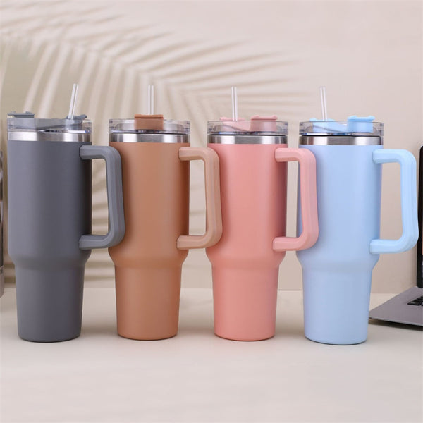 Straw Coffee Insulation Cup With Handle 40oz - Stainless Steel Water Bottle